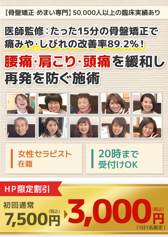 たった15分の骨盤矯正で痛みやしびれの改善率89.2％　腰痛・肩こり・頭痛を緩和し再発を防ぐ施術